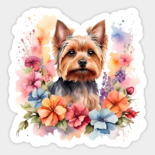 A yorkshire terrier decorated with beautiful watercolor flowers Sticker